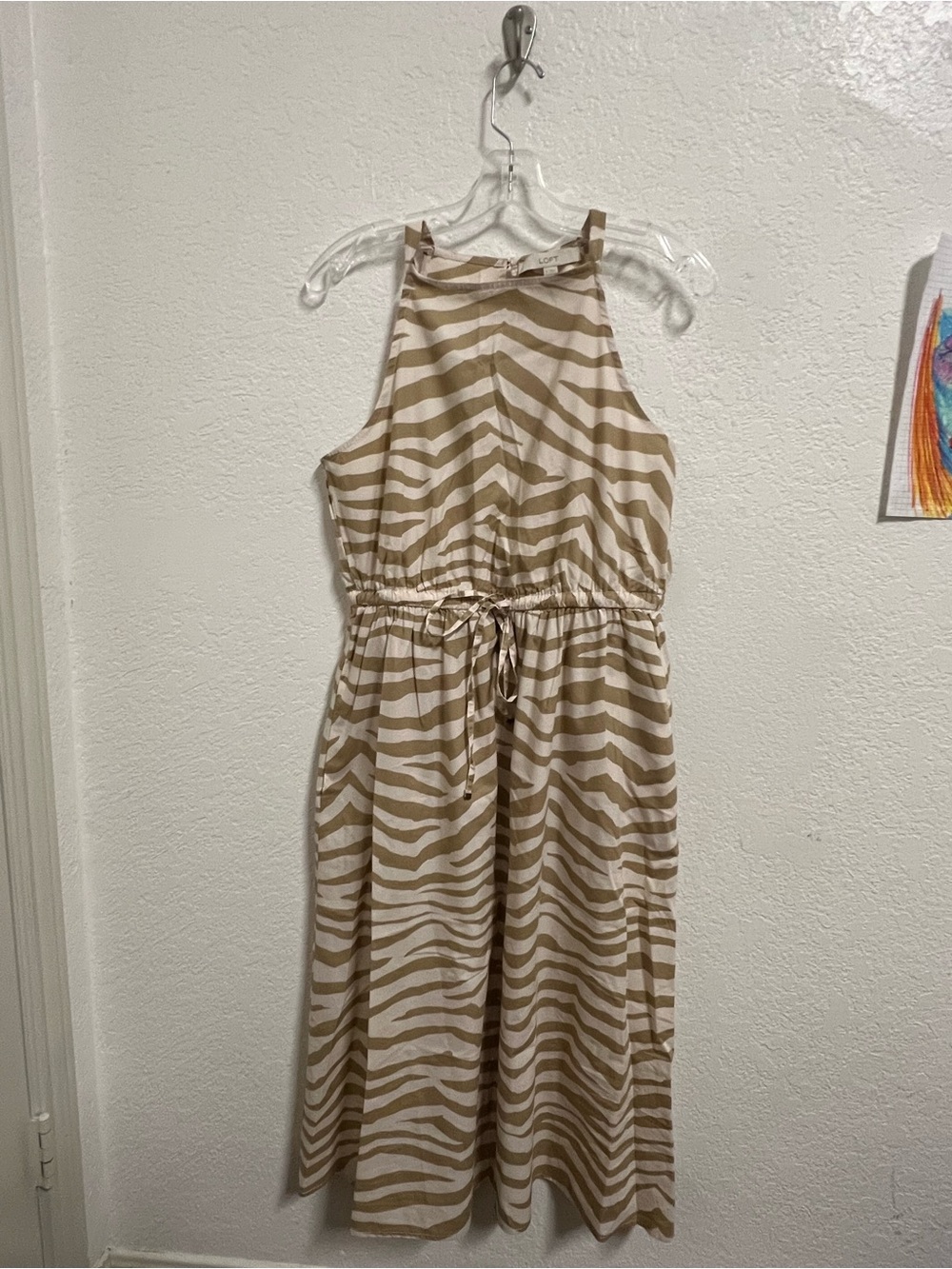 Womens halter top Tan Zebra-Stripe Sleeveless maxi Dress with Drawstring Waist